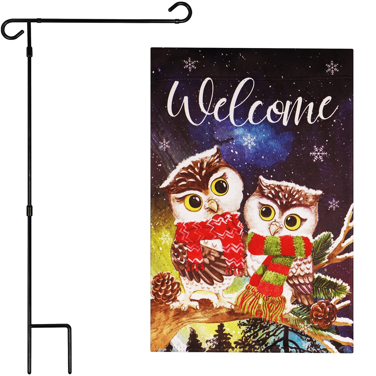 G128 Combo Pack: Garden Flag Stand Black 36 in x 16 in & Garden Flag Winter Decoration Cozy Owls with Scarves 12"x18" Double-Sided Blockout Fabric